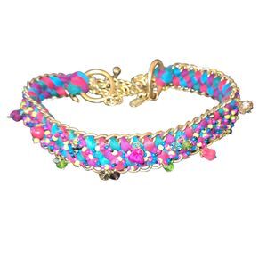 Chico's Multicolored Beaded Braided Fabric & Gold Tone Chain Belt OS/48" Long